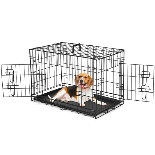 Dog Crate 30 Inch Medium Wire Kennel with Divider Panel Metal Cages with Double Door Leak-Proof Pan Tray Folding Portable for Indoor Outdoor Travel