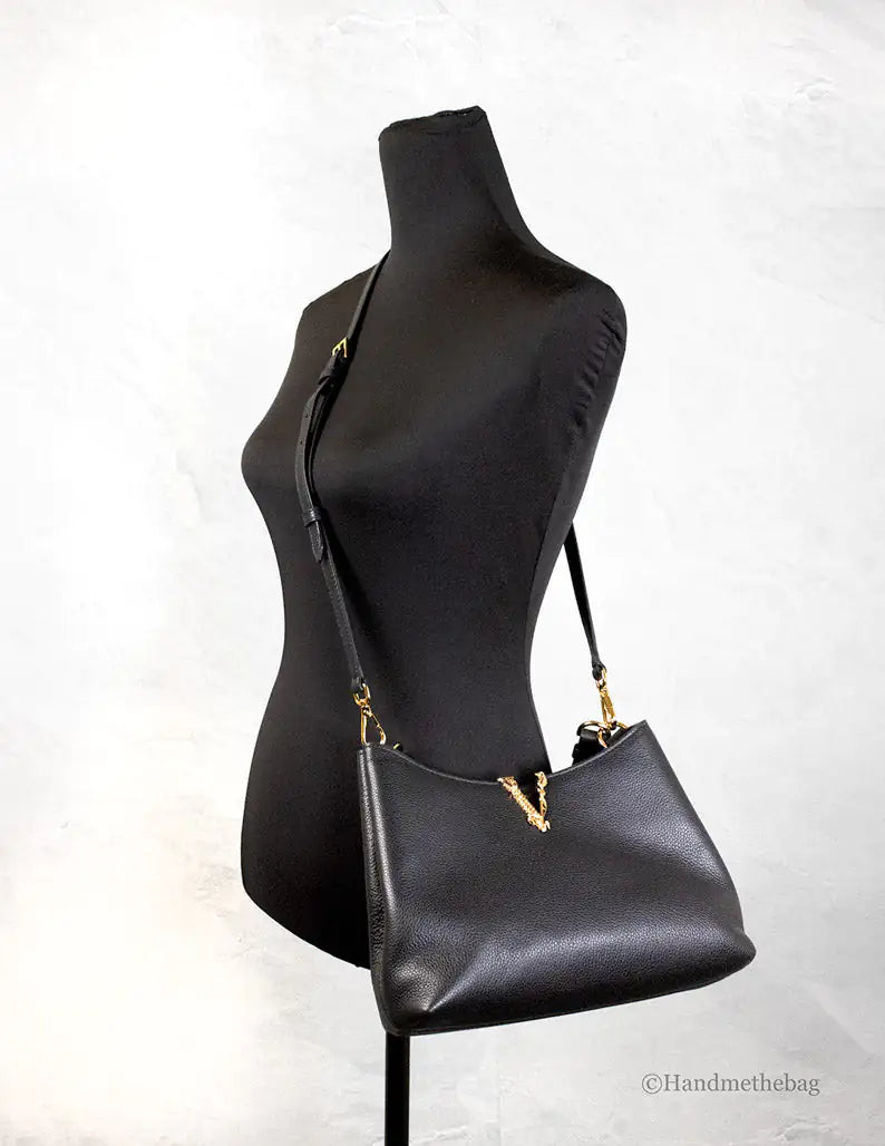 Versace Virtus Small Black Leather Hobo Shoulder Crossbody Bag